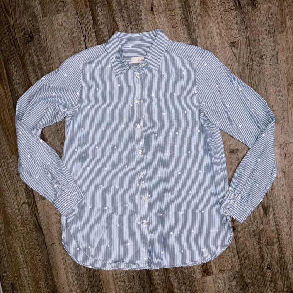LOFT • Embroidered Dot Striped Poplin Button Down - Picture 2 of 9
